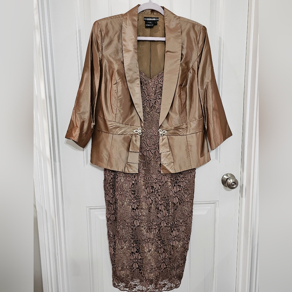 Terani 2 Piece Lace Dress And Silk Jacket, Sz 12, Mother Of The Bride